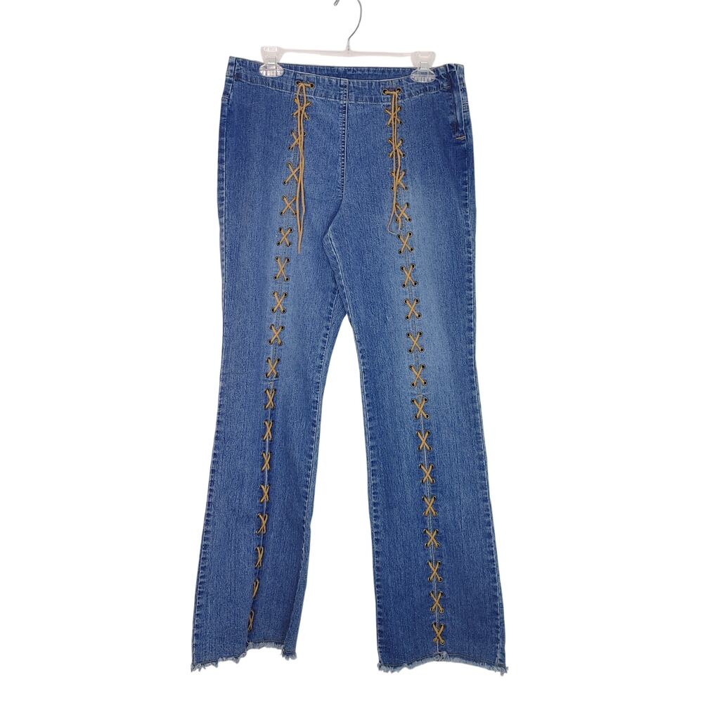 L.A. Blues Lace Up Detail Bootcut Jeans Mid Rise Raw Hem Medium Wash Womens Sz 8